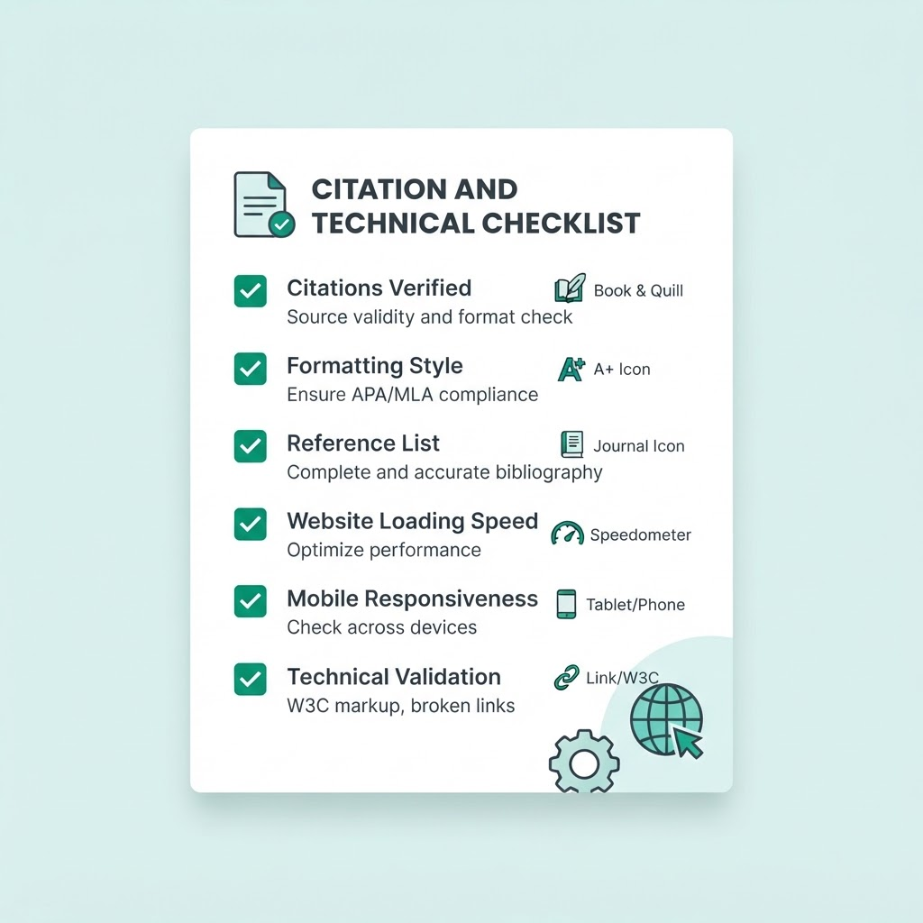 Mockup of a Citation and Technical Checklist document with checkbox rows and a gear icon